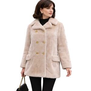 Vintage 60s Women’s Medium Borgana Cream Faux Fur Jacket Double Breasted